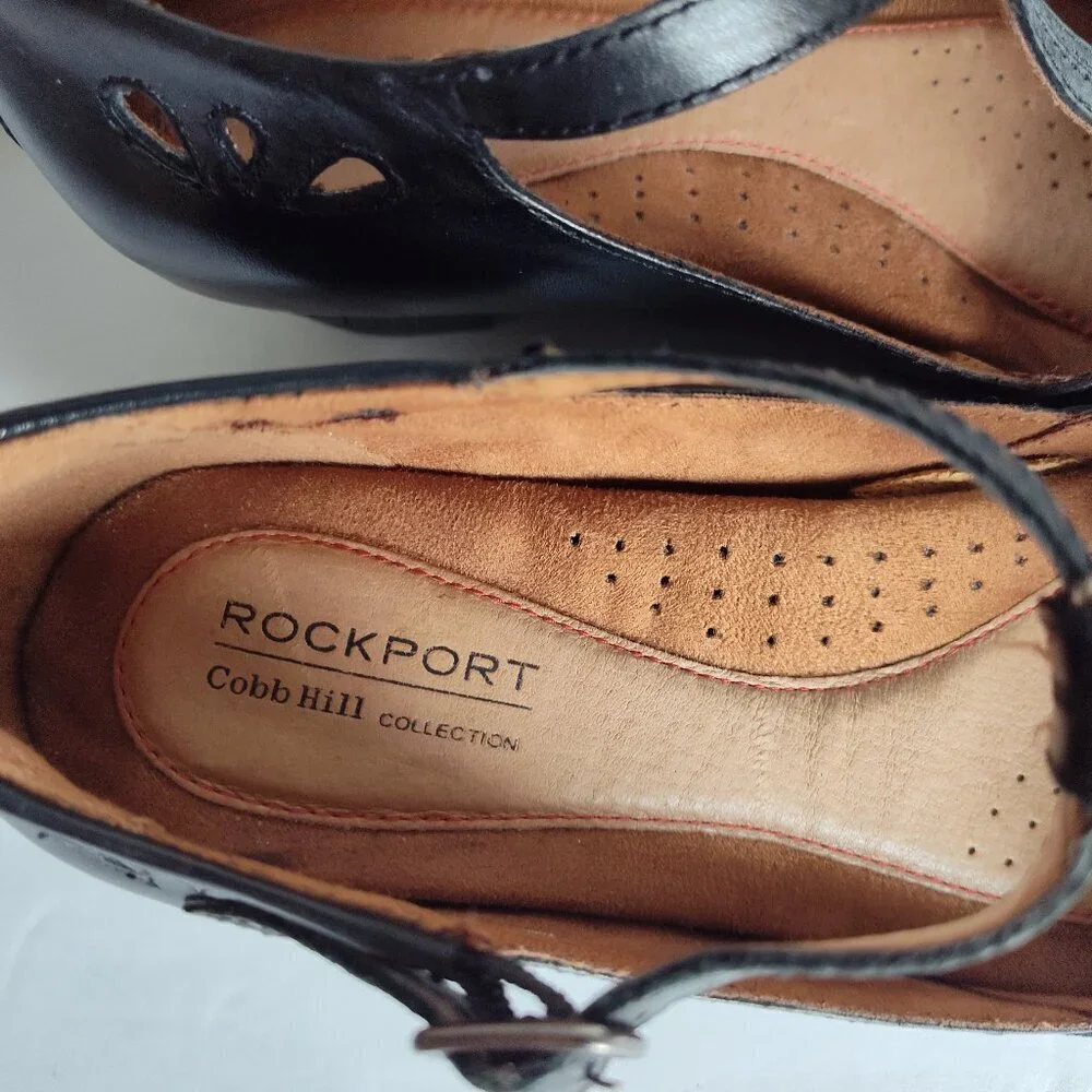 Ladies SZ 7-1/2 W Rockport Black Angelina Leather T-Strap